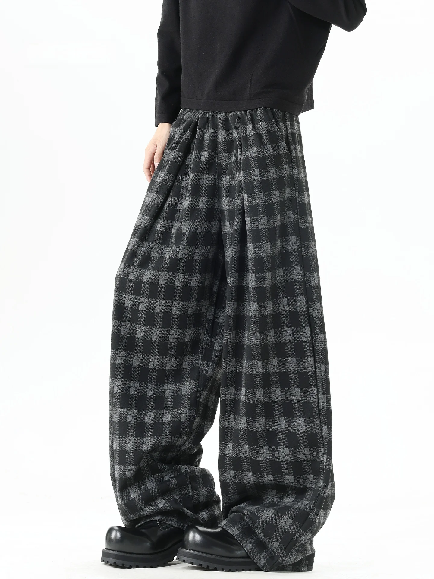 

Thiened Wide Leg Men's Casual Pants Autumn Winter Plaid Wool Straight Leg Loose Fit Drapey Knife Long Pants Casual Sle