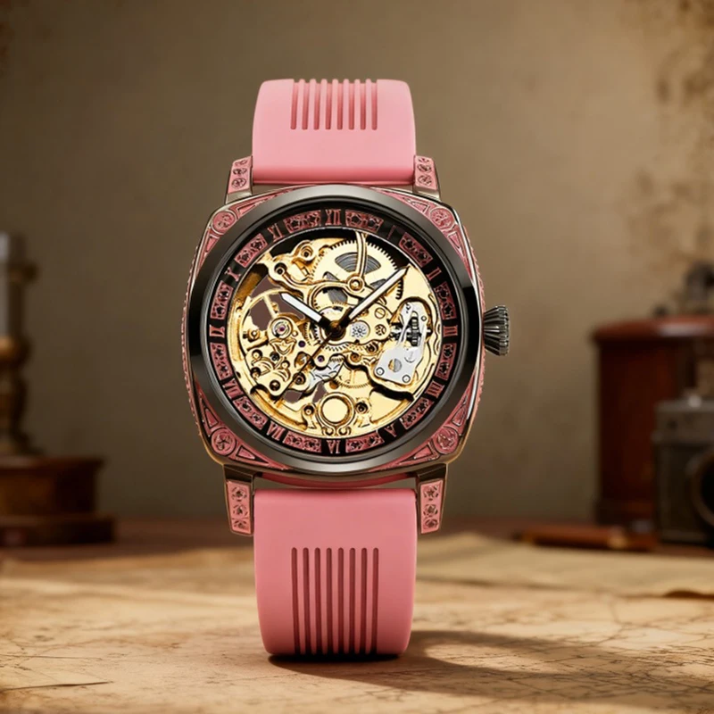 A men's black and pink casual vacation-style fashionable mechanical watch with a delicate engraved strap