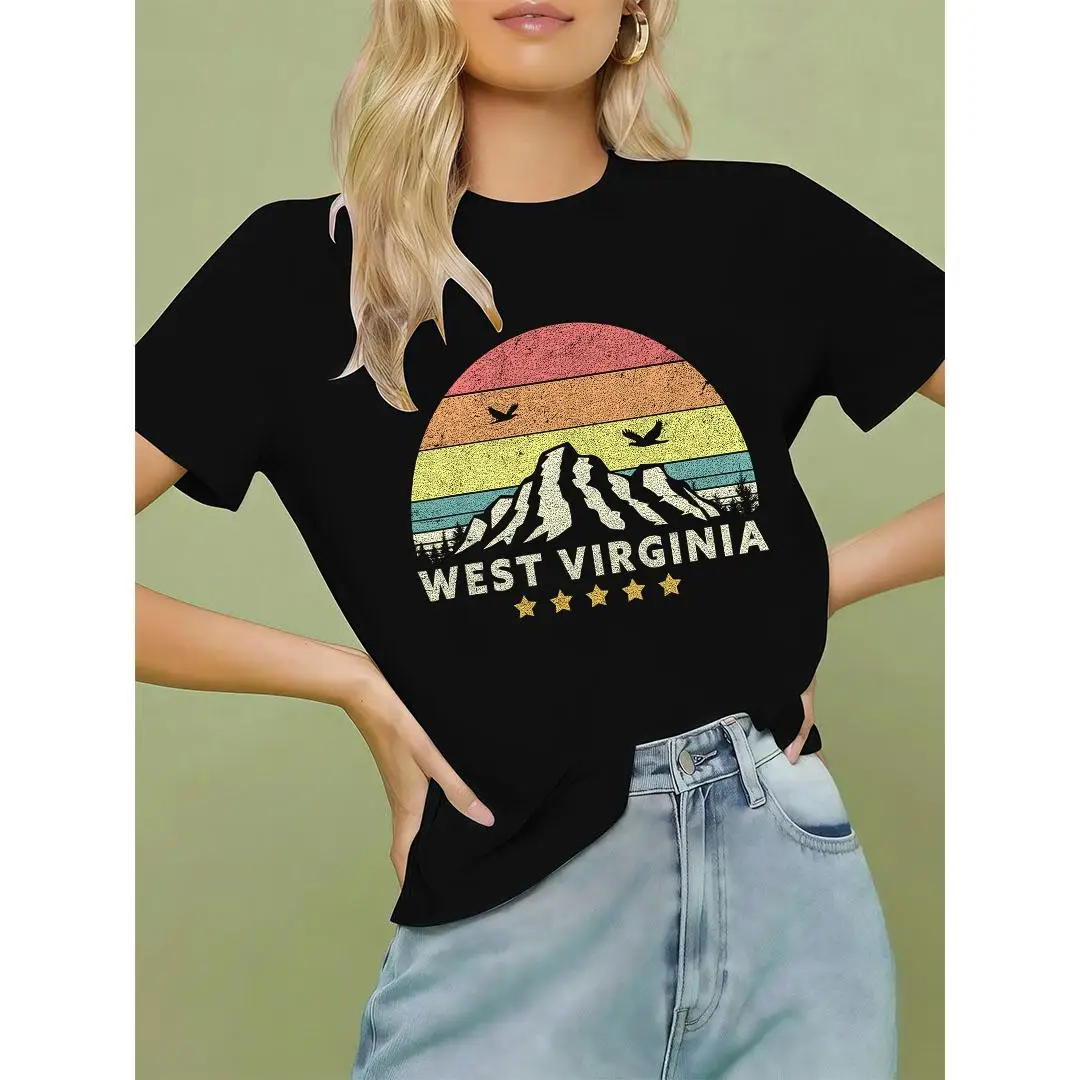 

Women's West Virginia T-Shirt Retro Mountains Sunset Graphic Tee Appalachian State Travel Souvenir Gift Casual Top