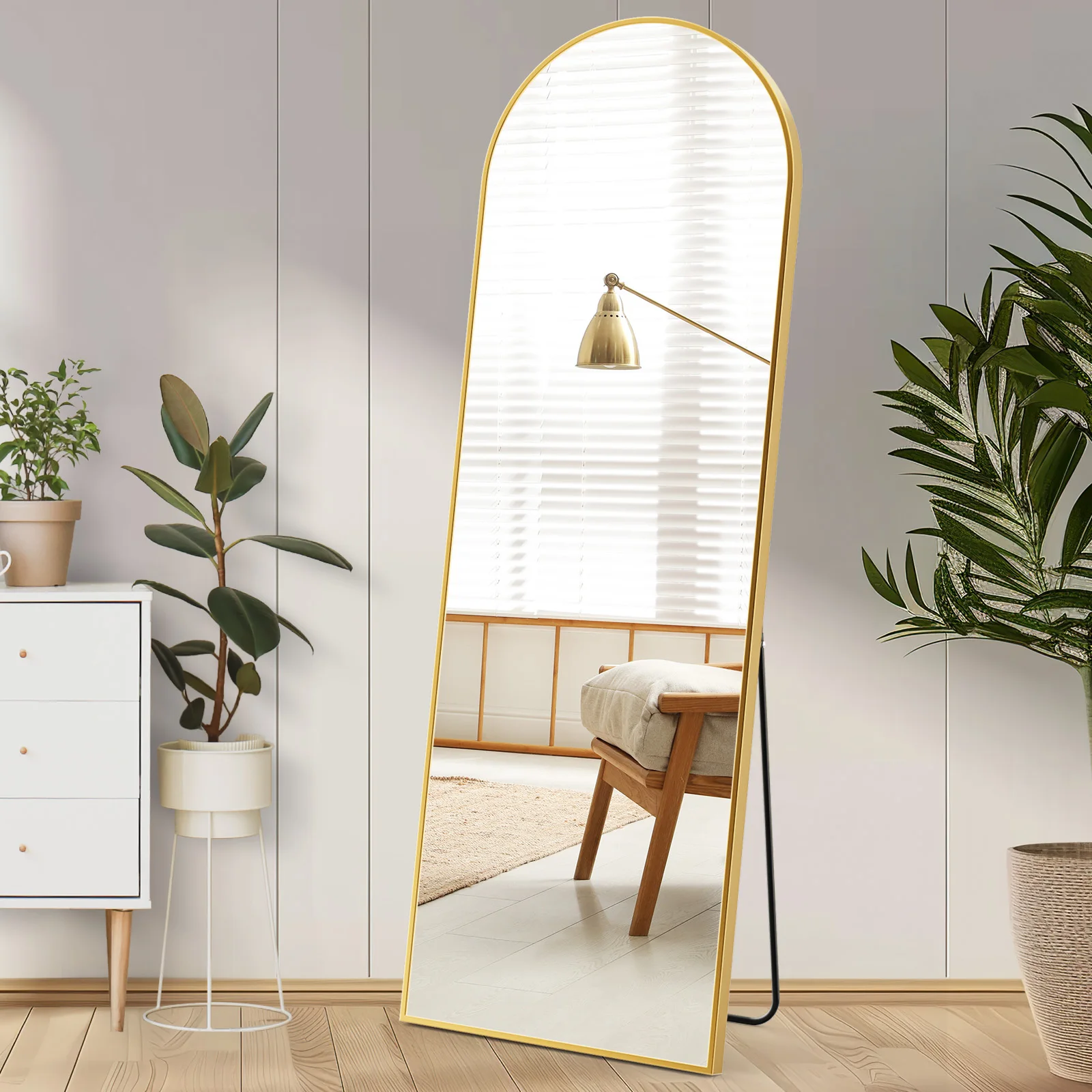 JHK-Full Length Arched Right Angle Mirror with Stand for Living Room, Sturdy Aluminum Alloy Frame, Bedroom Furniture, 59 