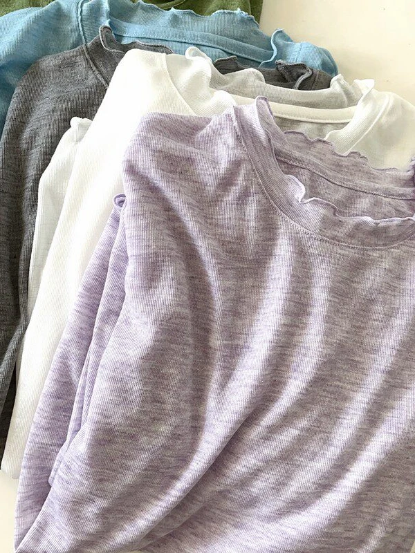Silky Long Sleeve T-Shirt Women's Summer Thin Pure Color Knitted Sun Protection Top French Style Loose Fit High Waist round Neck