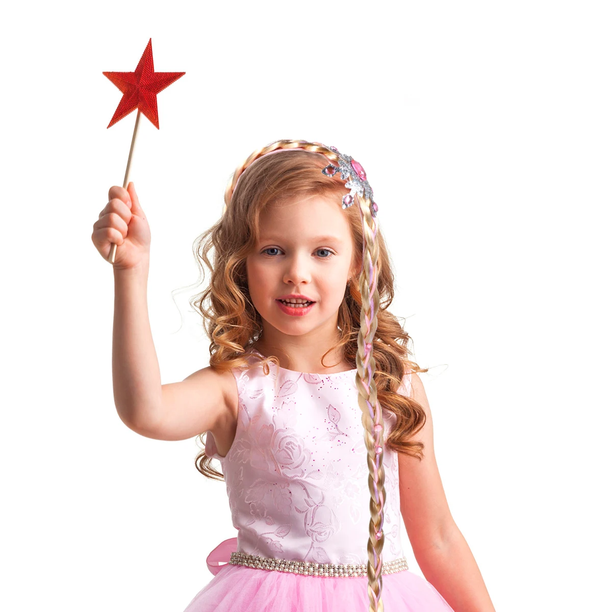 

Princess Crown Hair Accessories Cosplay Wigs Dress Up Long Braided Hairpiece Pink for