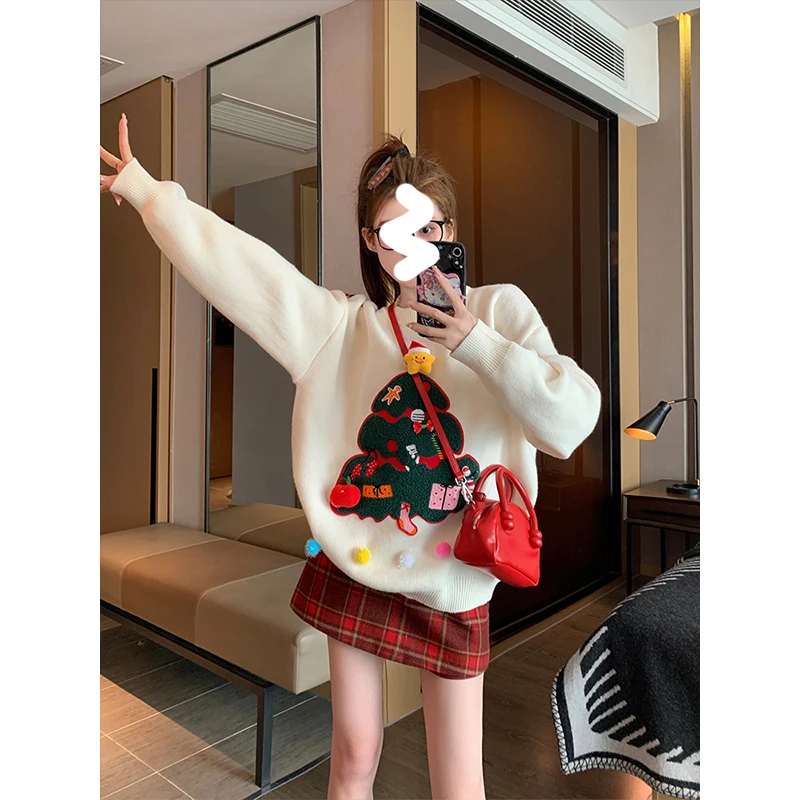 Autumn Winter New Year Women's Red Warrobe Sweater Skirt Set Two Pieces Sweet Sle Loose Fit Long Sve round Ne Sweater