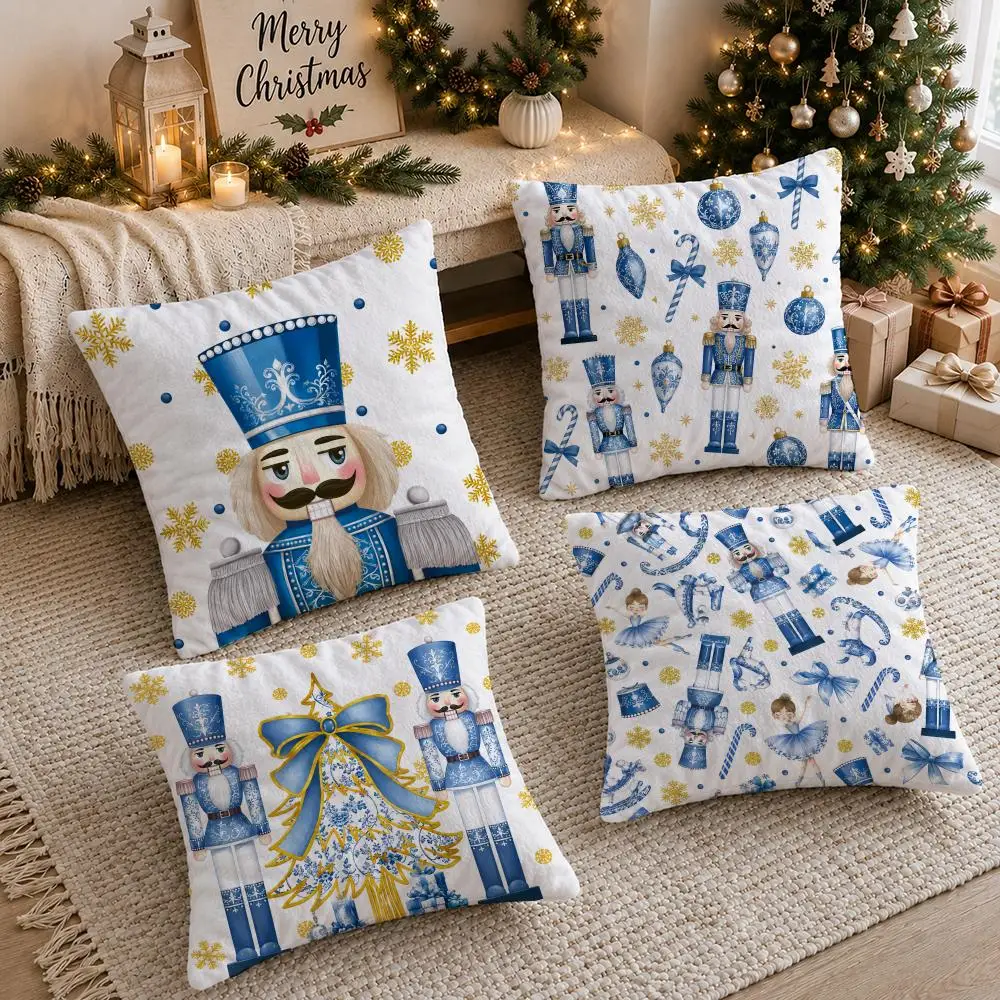 Nutcracker Christmas Snowflake Cushion Cover Short Plush Soft Double-Sided Printing Pillow Case Festival Party Home Decor Gift