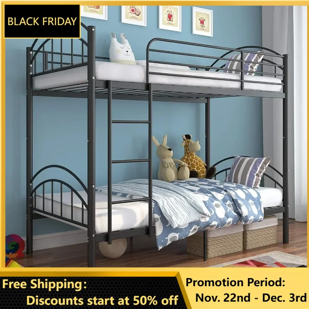 Bunk Beds Frame Twin Over Twin, Convertible Into 2 Individual Metal Bed Frame, Removable Ladder & Safety Guard Rail (Black)