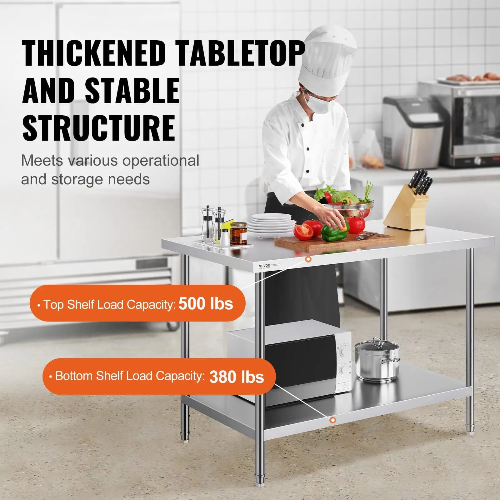 

Stainless Steel Prep Table, 30 x 48 x 34 Inch, Heavy Duty Metal Worktable with 3 Adjustable Height Levels