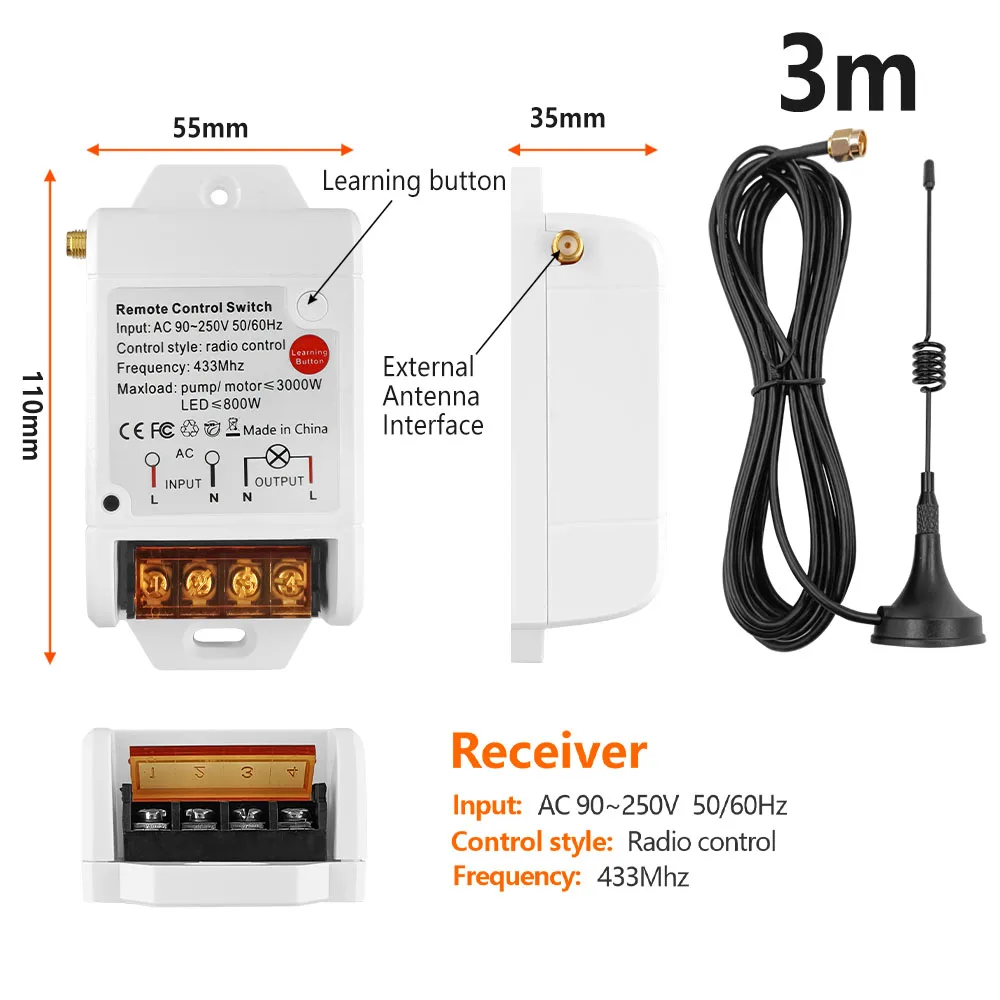 433Mhz Rf Remote Control Switch 30A High Power AC 110V 220V Relay Receiver with 3m External Antenna on Off Transmitter for Pump