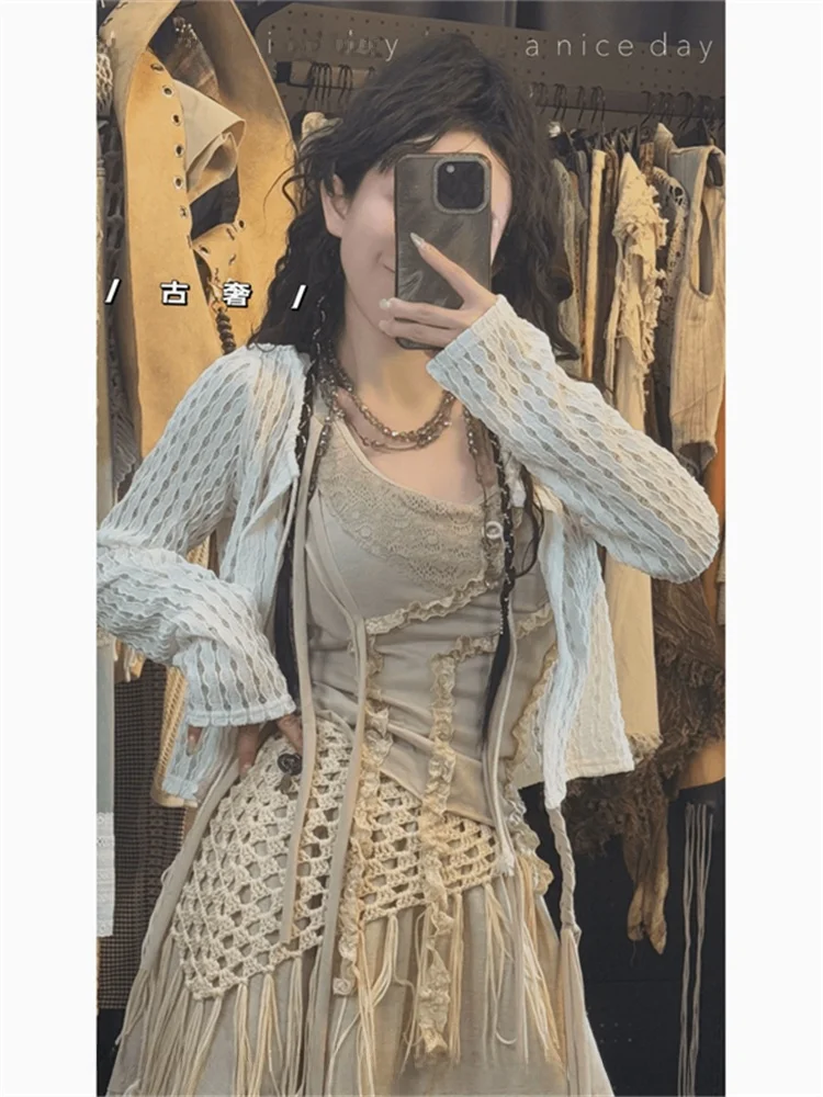 

Уникальный ажурный весенний комплект Faion, женский длинный жилет-юбка-свек, повседневная одежда с высокой талией, ансамбль из четырех предметов для колледжа