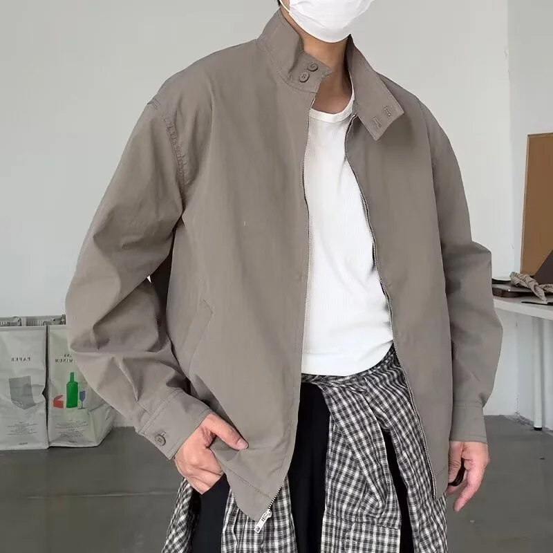 

Retro American Coffee ort Stand Collar Jaet Men's Autumn Winter Workwear Outerwear Polyester Fiber Long Sve Zipper