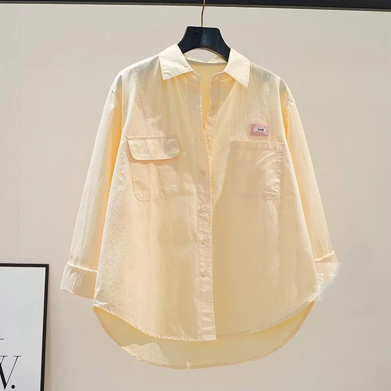 

Loose Fit Collared Cotton Shirt Women's Light Yellow Artistic Style Spring Summer Design Casual Long Sleeve Pure Color Top