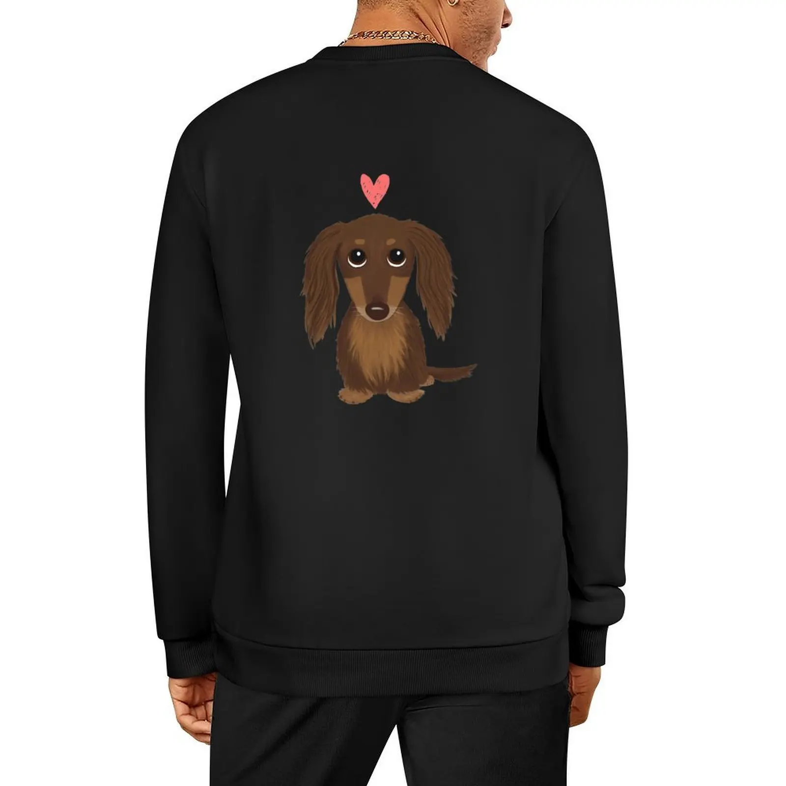 

Cute Dog Longhaired Chocolate Dachshund Wiener Dog with Heart Pullover aesthetic clothing sweatshirts men