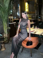 CNYISHE Mesh Sheer Unlined O Neck Tank Sleeveless Bodycon Skinny Women Dresses Solid Sexy Clubwear Female Outfits Hip Wrap Robes - Image 3