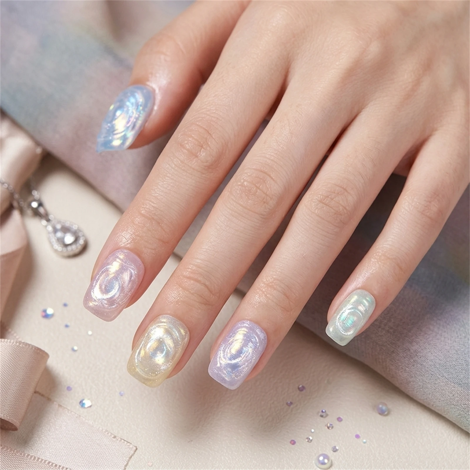 Women's Press on Nails Iridescent Glass Pattern Macaron Tone Short Square Cat Eye False Nails for Party Wedding Daily Wear
