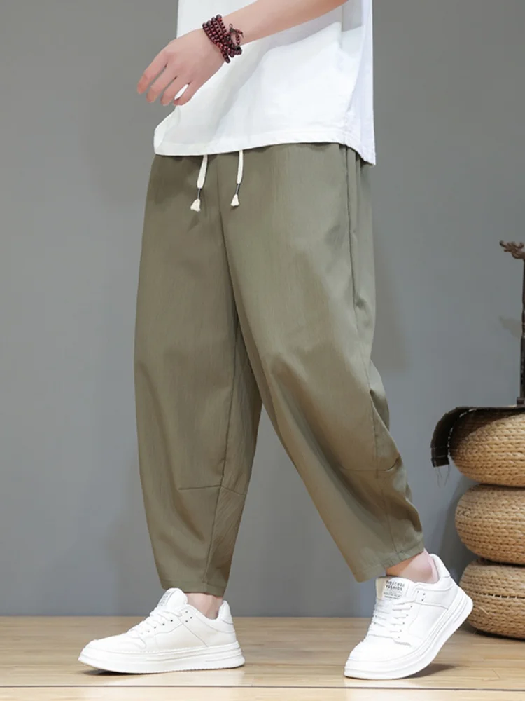 

Men's Summer Thin Ice Silk Nine Points Lantern Pants New Chinese Style Loose Straight Harlan Carrot Lantern Pants Casual Leis...