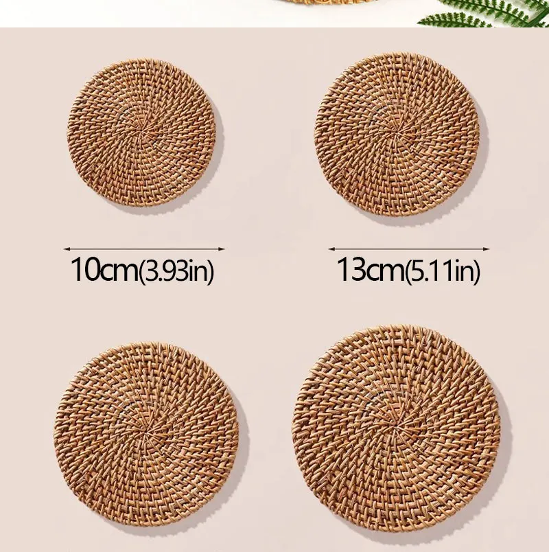 Herbstliches handgewebtes Rattan-Untersetzer-Set: Kreative runde Tassen- und Schalenunterlagen für Esszimmer und Tee – Isoliermatten aus Rattan – Detail 6