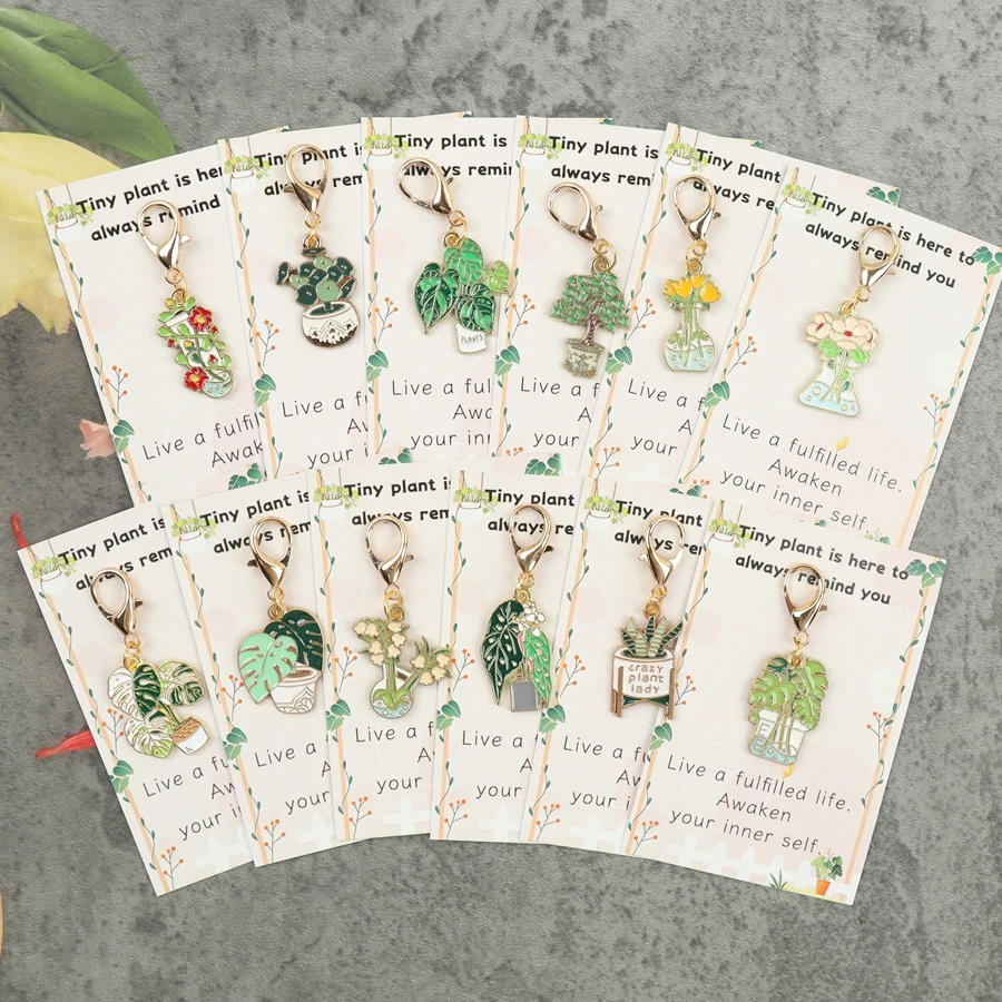 Ensemble de 12 porte-clés amusants en forme de plantes en pot, livré avec une carte de vœux encourageante, idéal pour les sacs à dos, pour encourager les progrès scolaires et professionnels, et comme cadeau de soutien.