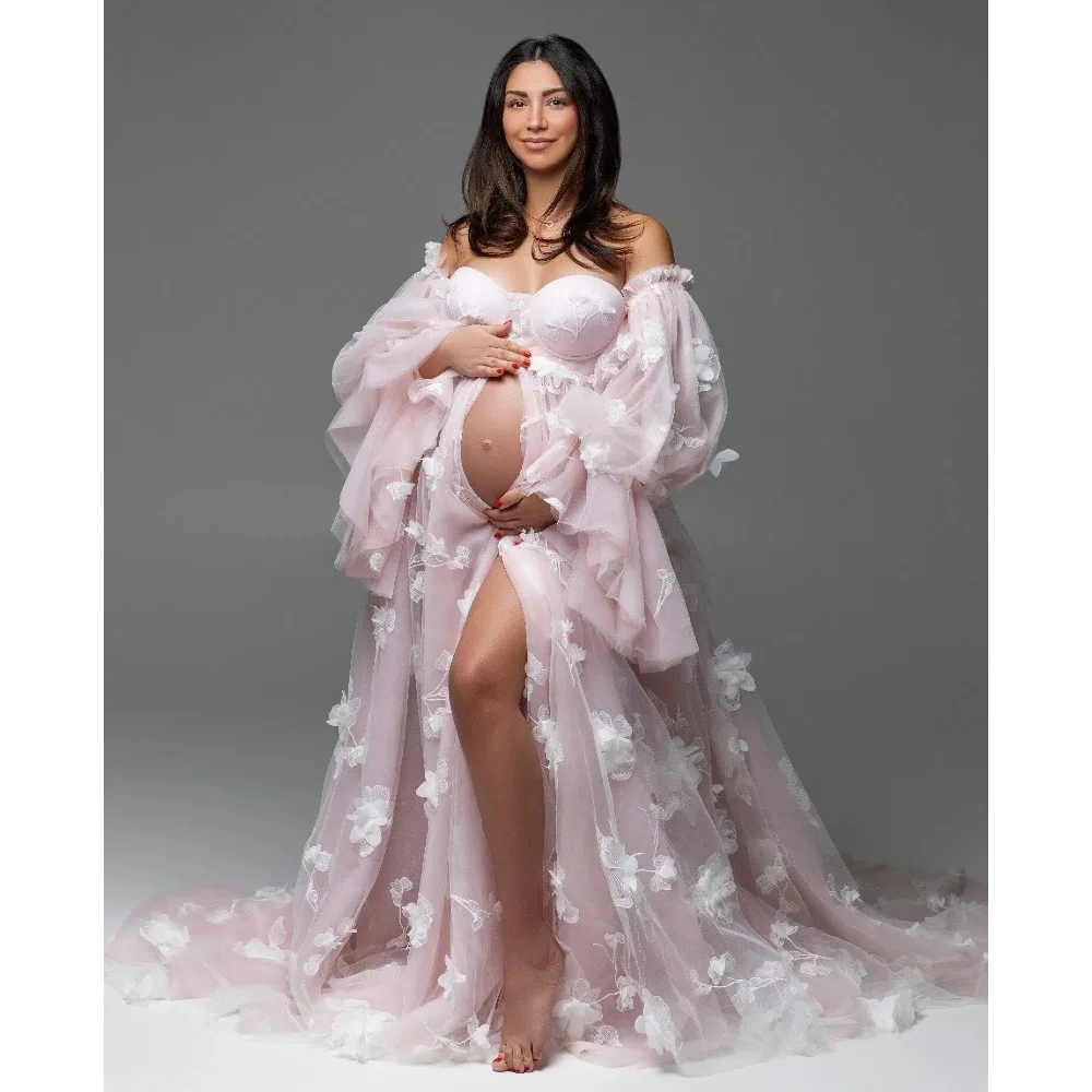 Off Shoulder Pink Maternity Robes Long Sleeves Pregnant Women Photo Shoot Dresses Lace AppliquesCustomized Baby Shower Gowns