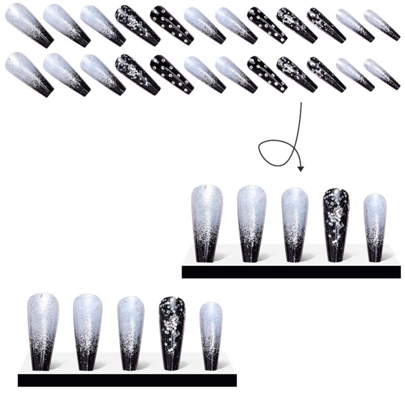 أظافر اصطناعية ماسية مزينة بتدرج أسود ، أطراف أظافر تابوت طويلة ، أظافر قابلة للفصل ، أظافر ماسية لامعة ، تزيين الأظافر