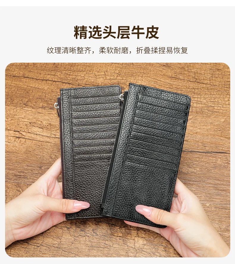 Leren damesportemonnee Lange Japanse kaarttas met meerdere kaarten Toplaag koeienhuid ritszakje Lange damesportemonnee