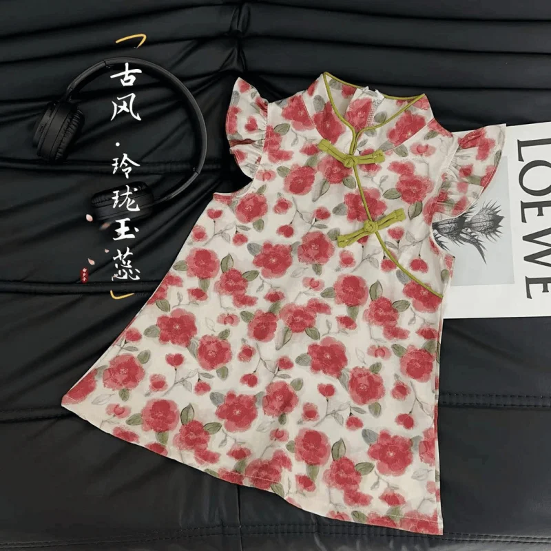 XH-Hanfu Girls' Summer Clothes Baby Chinese Style Buckle Cotton Cheongsam Dress Little Girl Ancient Costume Dress Children's Tan