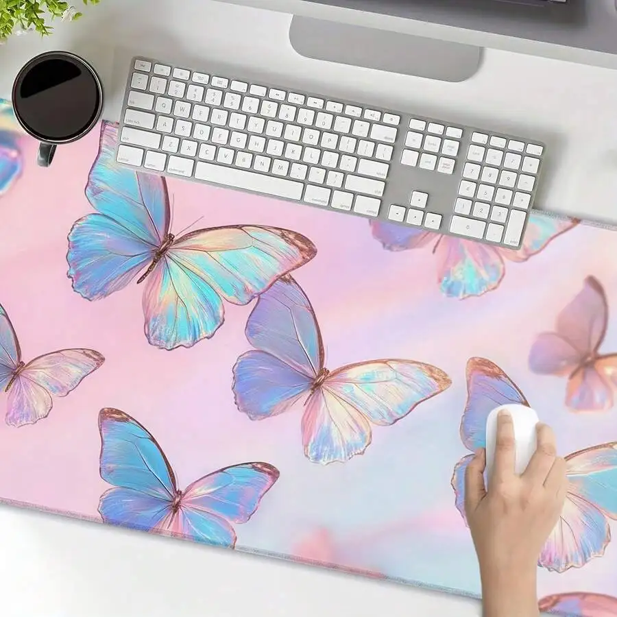 Large Iridescent Butterfly Desk Mat With Non-Slip Rubber Base Pastel Pink Background Blue Purple Butterfly Design Gaming Office