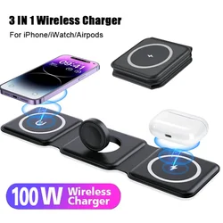 Caricabatterie Wireless pieghevole 3 IN 1 da 100W per iPhone 15 14 13 Apple Watch AirPods ricarica rapida Dock Station pieghevole Stand Charge