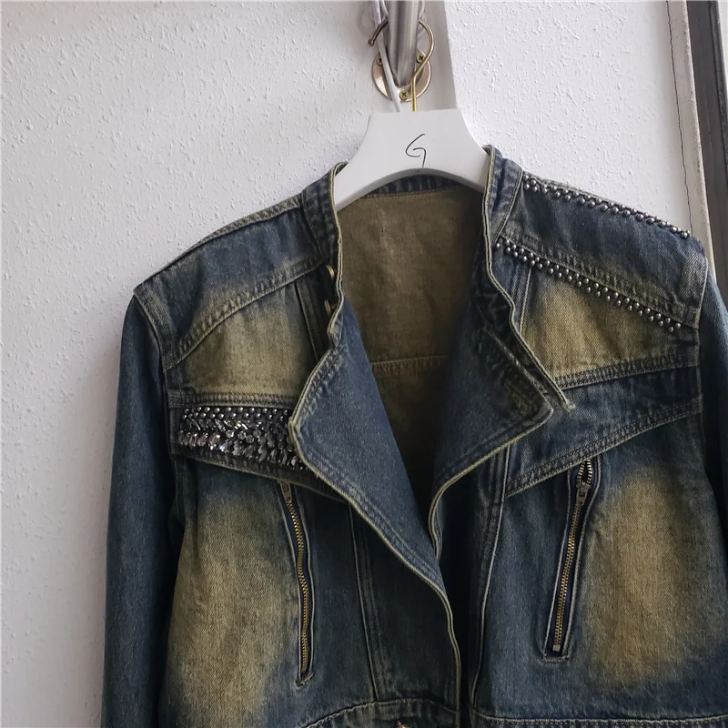 Chaqueta vaquera con cuello levantado y diamantes azules y negros Vintage para mujer, abrigo holgado corto de vaquero, chaquetas vaqueras informales coreanas para mujer