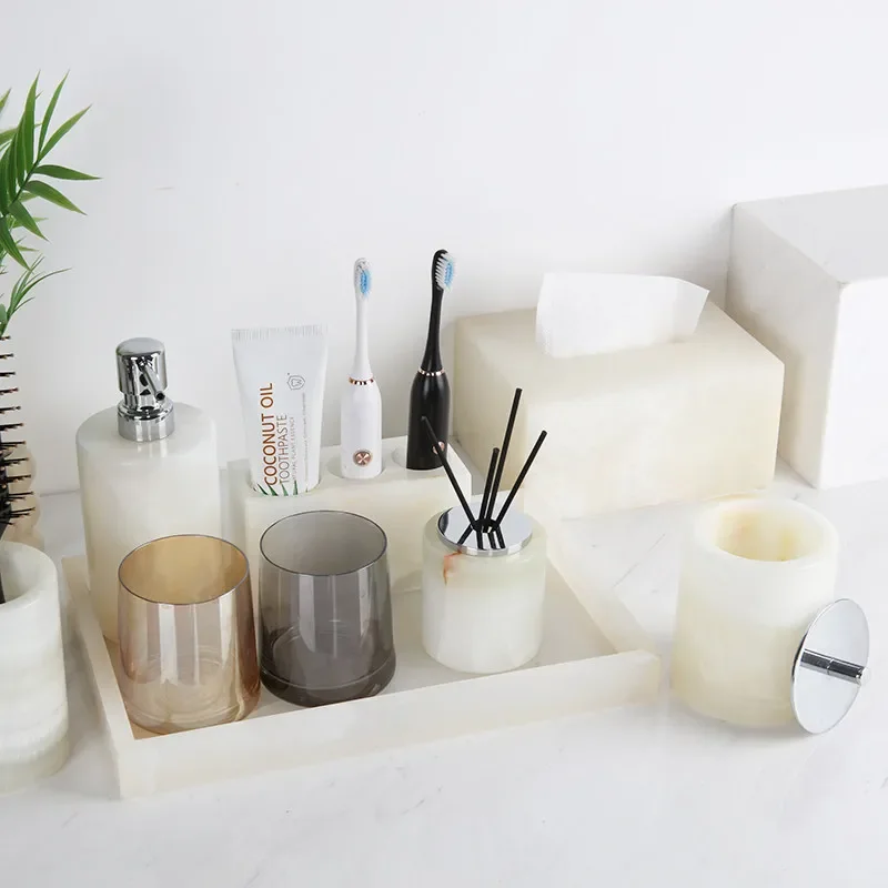 High-end White Jade Marble Bathroom Accessory Set,Mouthwash Cup,Toothbrush Holder&Vanity Tray for Star Hotels Home Decor