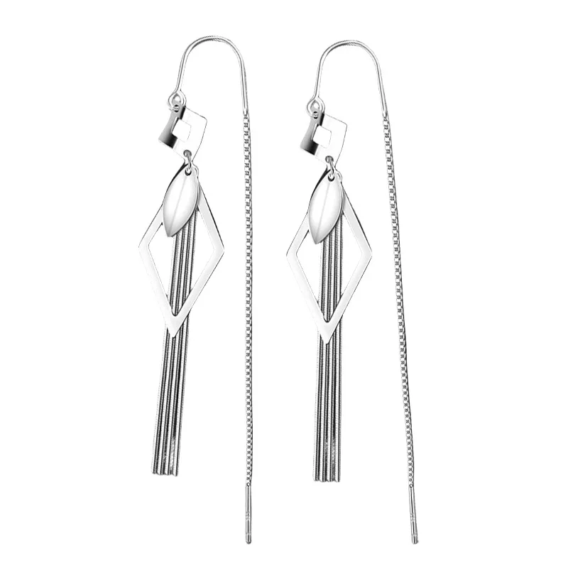 925 Sterling Silver Long Tassel Rhombic Ear Line Leaf Drop Earrings for Women Piercing Jewelry Women's Party Wedding Pendiente