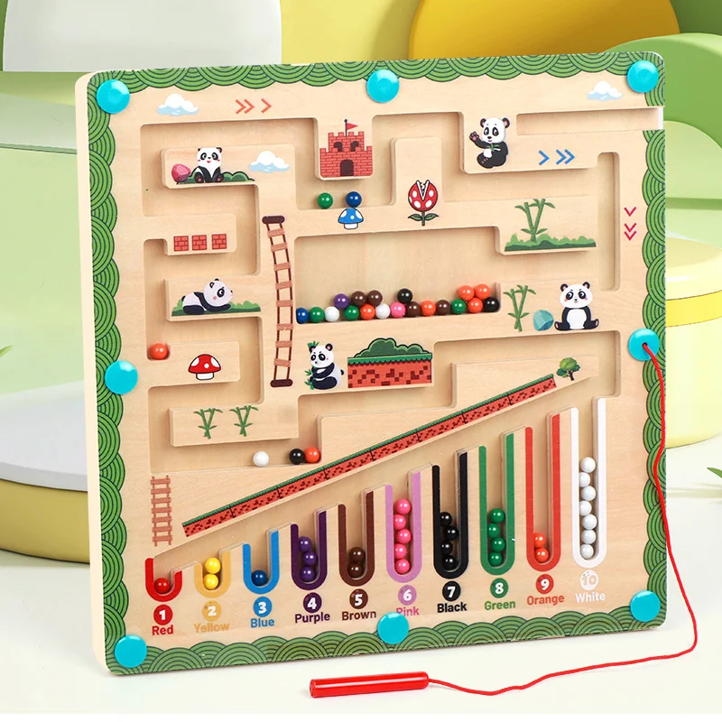Wooden Panda Magnetic Bead Maze - Multifunctional Logic Puzzle Toy Children's Color Sorting And Fine Motor Skill Development