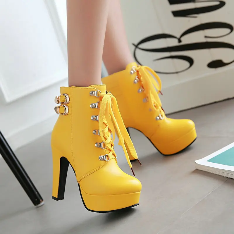 

Bright Yellow White Punk Gothic Ankle Modern Bootie Platform Sexy Pumps Shoes Lace-up Cross-tied Thick High Heels Ankle Boots