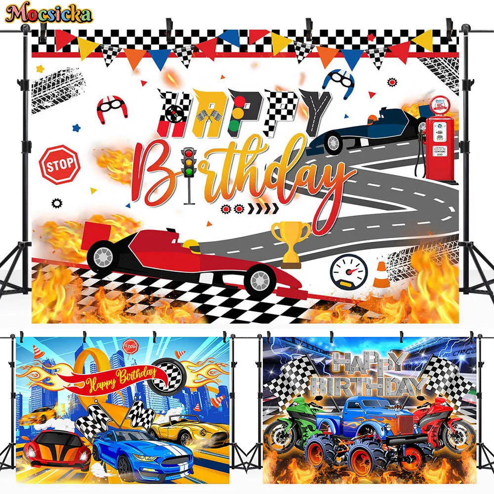 

Mocsicka Racing Car Theme Birthday Background Red and Blue Cars Boys Birthday Party Backdrop Decor Photo Studio Props Customized