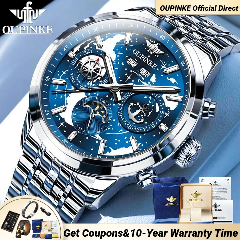 

OUPINKE 3256 Multifunctional Automatic Watch for Men Dual Calendar Moon Phase Waterproof Stainless steel Mechanical Men's Watch