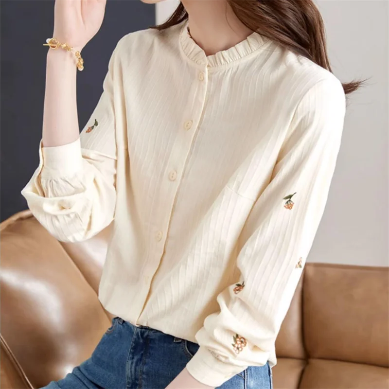 

Standing Collar Blouses Women Shirts Embroidered Shirt for Female Fold Vertical Grain Tops Cardigan Buttons Blous Casual Shirts