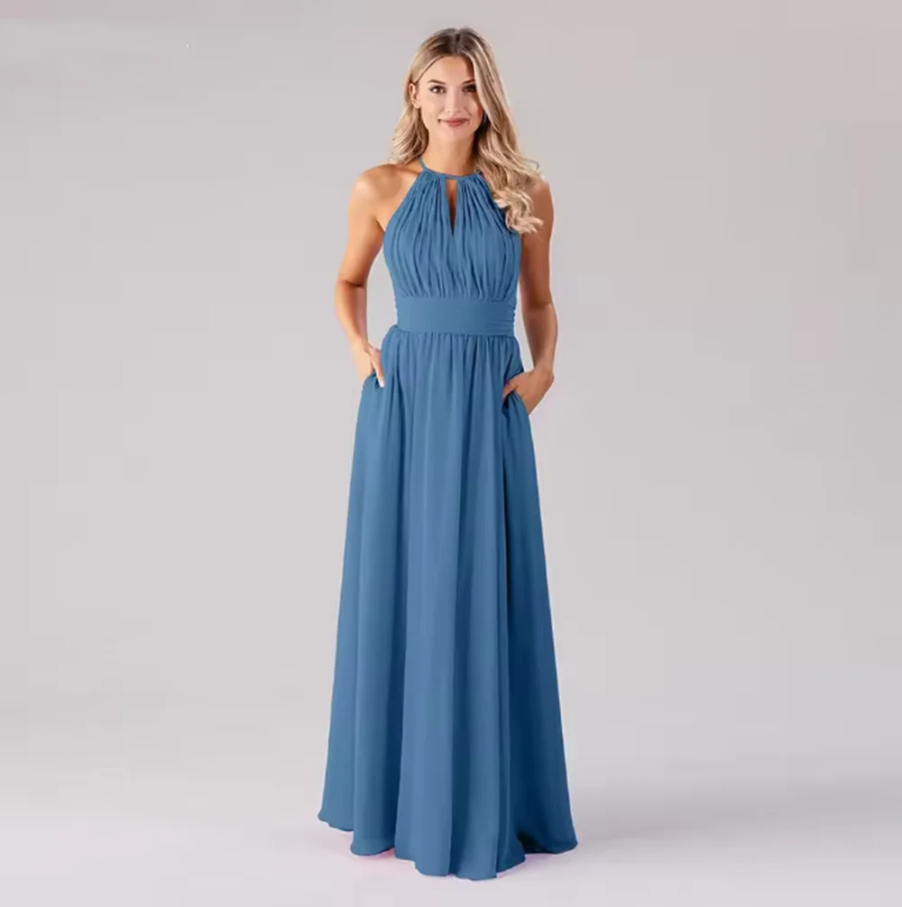

Элегантное синее шифоновое платье для подружки невесты с лямкой на шее трапециевидной формы, плиссированное драпированное платье 2025, простые платья для свадебной вечеринки, выпускного вечера, длиной до пола, по индивидуальному заказу