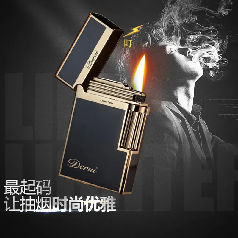 Derui Luxury Sideslip Bright Sound Inflatable Butane Gas Lighter Metal Gas Open Flame Smoking Accessories Men\'s Gift Lighter