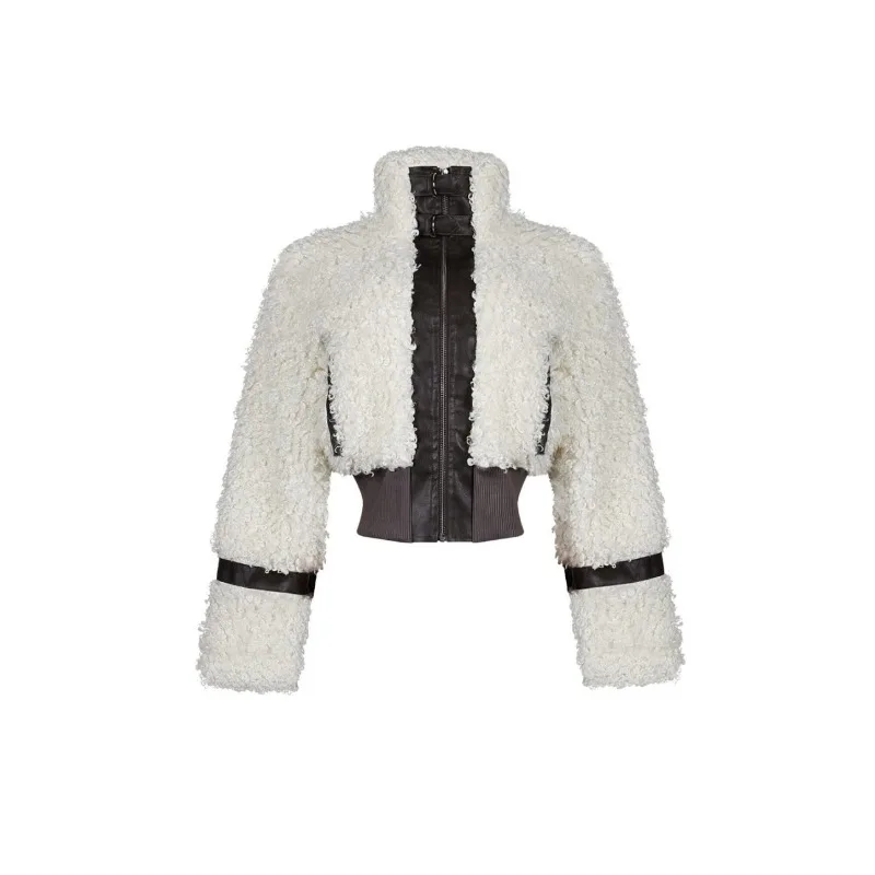 2025 الخريف الشتاء خمر الفراء المرقعة بولي Leather الجلود معاطف قصيرة النساء رفض طوق كم كامل سليم عادية تنوعا سترة