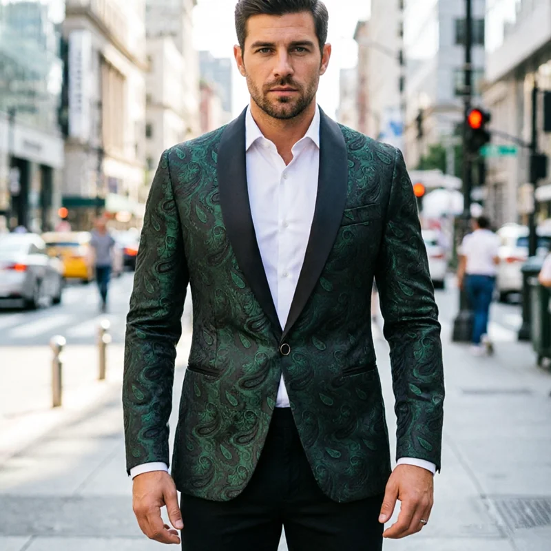 Men Green Jacquard Blazer Black Satin Shawl Lapel Suit Jacket Vintage Party Prom Dress Coats for Wedding Guest & Stage