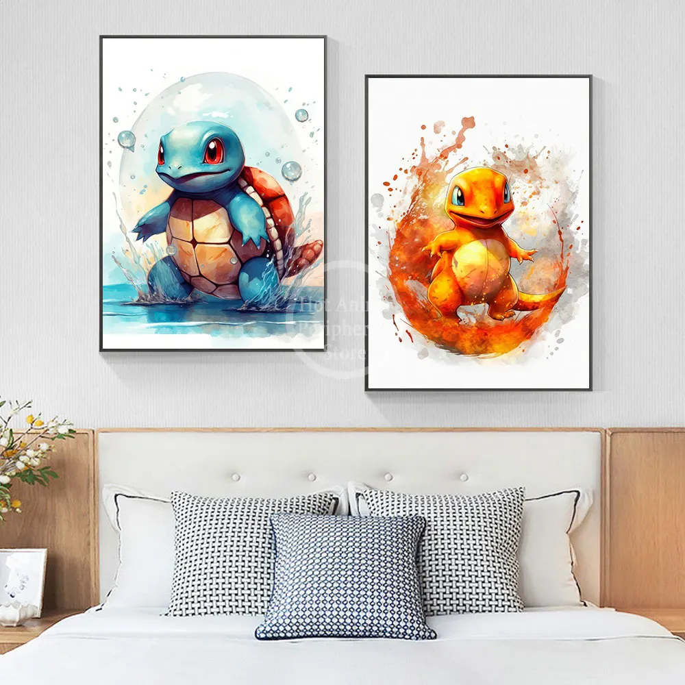 Anime Pokémon Canvas Schilderij Pikachu Squirtle Charmander Poster Aquarel Kunst Muur Cartoon Bubble Muurschildering Kamer Decoratie Geschenken