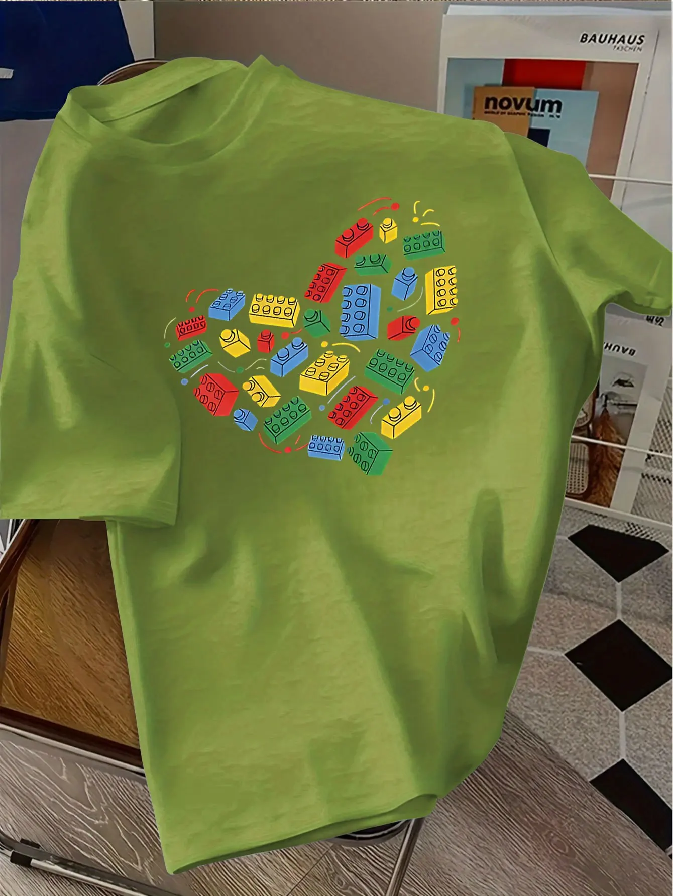 Kids  Cotton Tee Heart Shaped Colorful Building Blocks Puzzle Print Crew Neck Short Sleeve Toy Lover Toddler Casual Tops