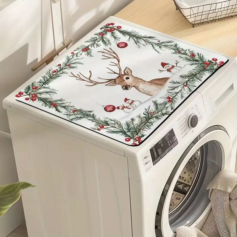 VIKAMA Reindeer Deer Head Christmas Wreath Pine Berry Watercolor Washing Machine Cover Mat Waterproof Dustproof Washer Dryer Pad
