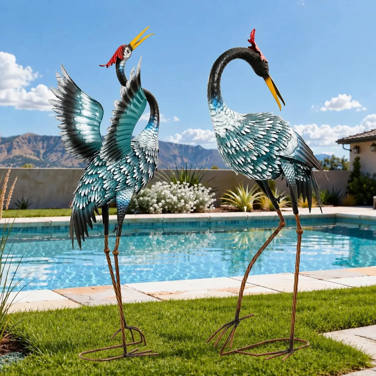 Blue Heron Metal Crane Handcrafted Garden Statue