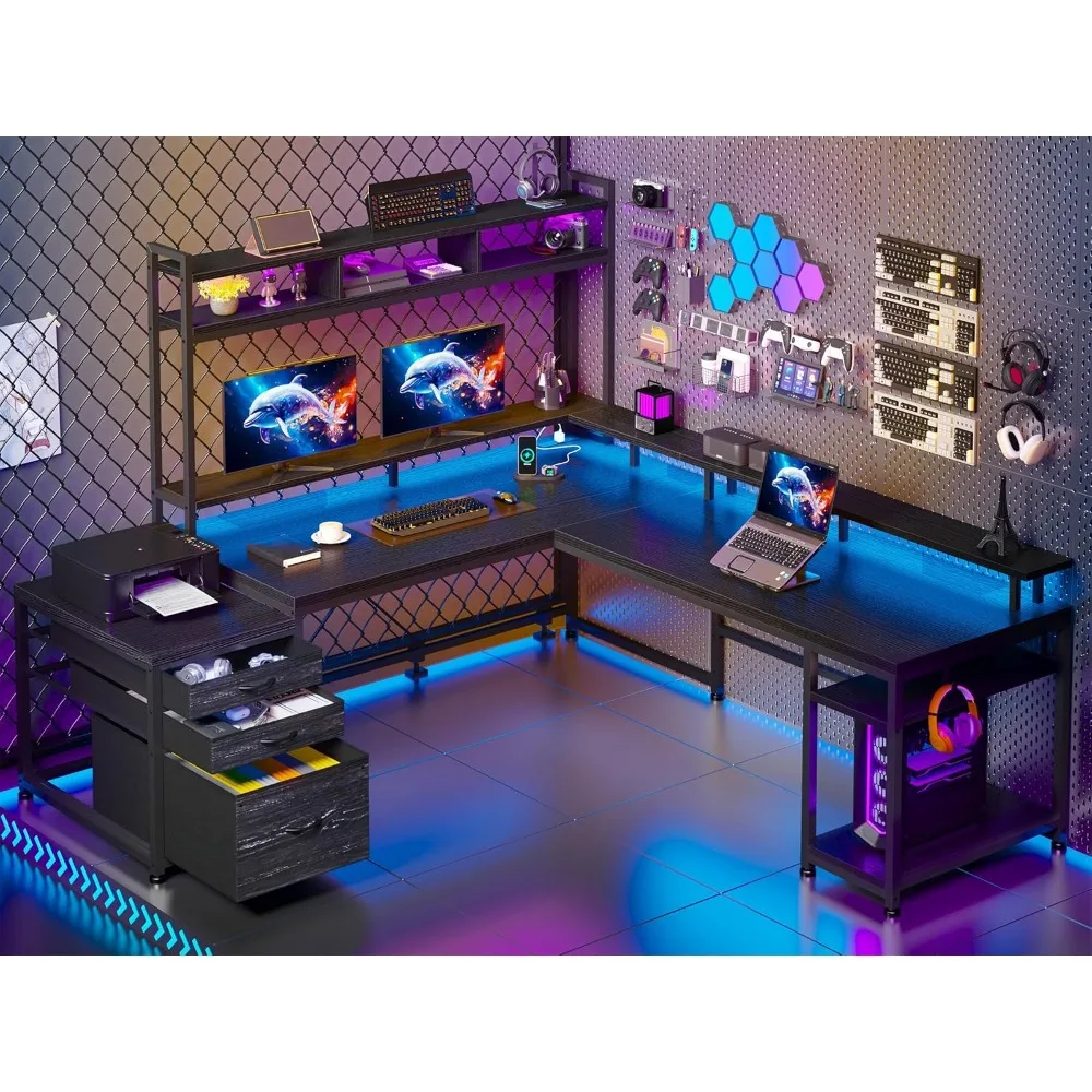 

Large L Shaped Gaming Desk with Hutch and Drawers, 64" W Reversible Computer Desk with Storage Shelves, Monitor Stand and LED L