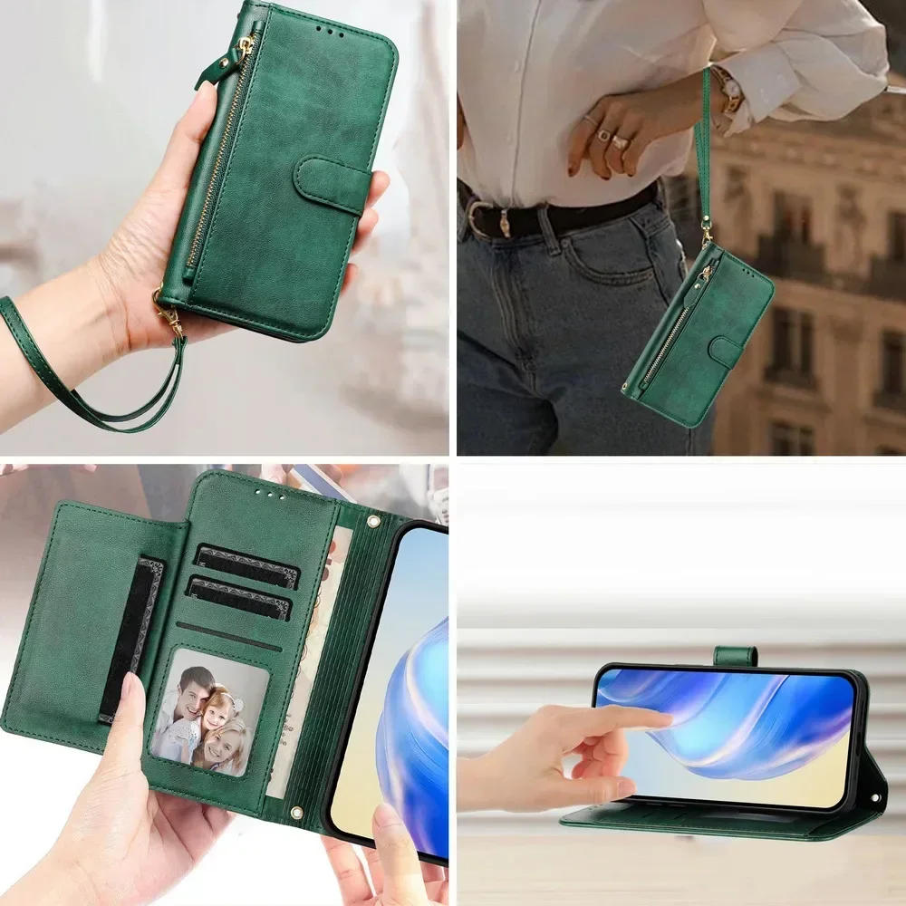 Pova 6 Pro 5G 2024 Zipper Wallet Case For Tecno Pova 6 Neo Crossbody Strap Leather Flip Book Cover Pova 3 4 5 Pro Neo 2 Funda