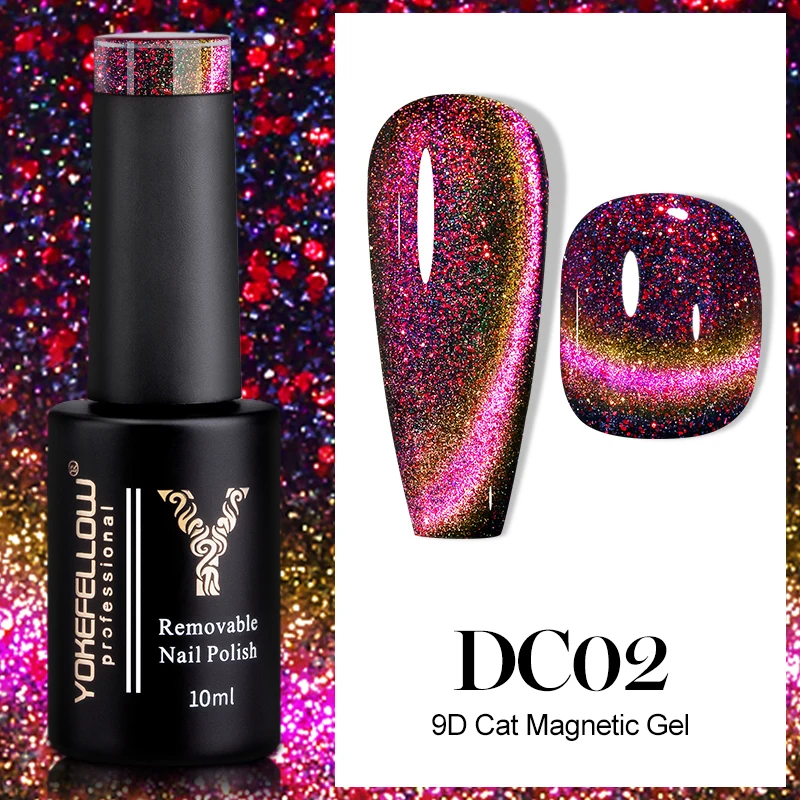 YOKEFELLOW 9D Chameleon Cat Eyes Gel Nail Polish 10ML DC02 Semi permanent Gel Varnish with Ultra-sparkly Reflective Diamond dust