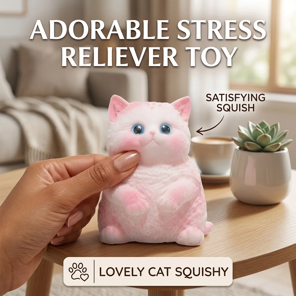 Pink Cat Squishy Toy, Kawaii Squeeze Fidget, Soft Sensory Stress Reliever, Satisfying Squish, Desk Decor Toy