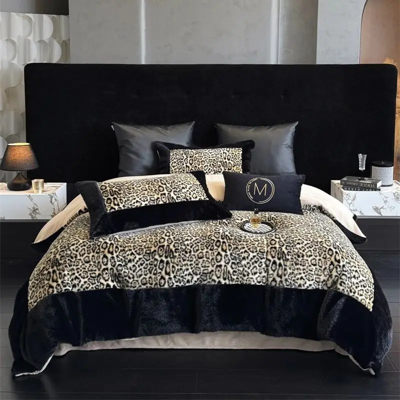 4Pcs Faux Fur Leopard Print Luxury Bedding Set Velvet Warm Winter Short Plush Soft Duvet Cover Flat/Fitted Bed Sheet Pillowcases