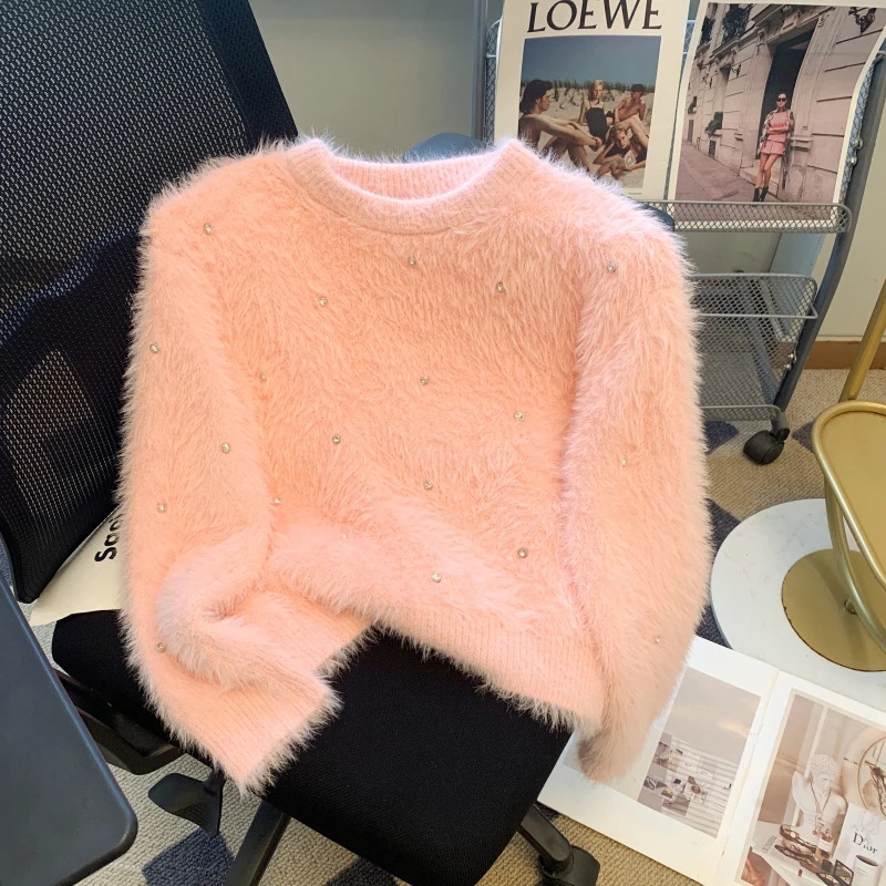 Women O-Neck Sweet Long Sleeve Sweater Autumn Winter Temperament Age Reduction Loose Appear Thin Design Sense Plush Top 2024 New