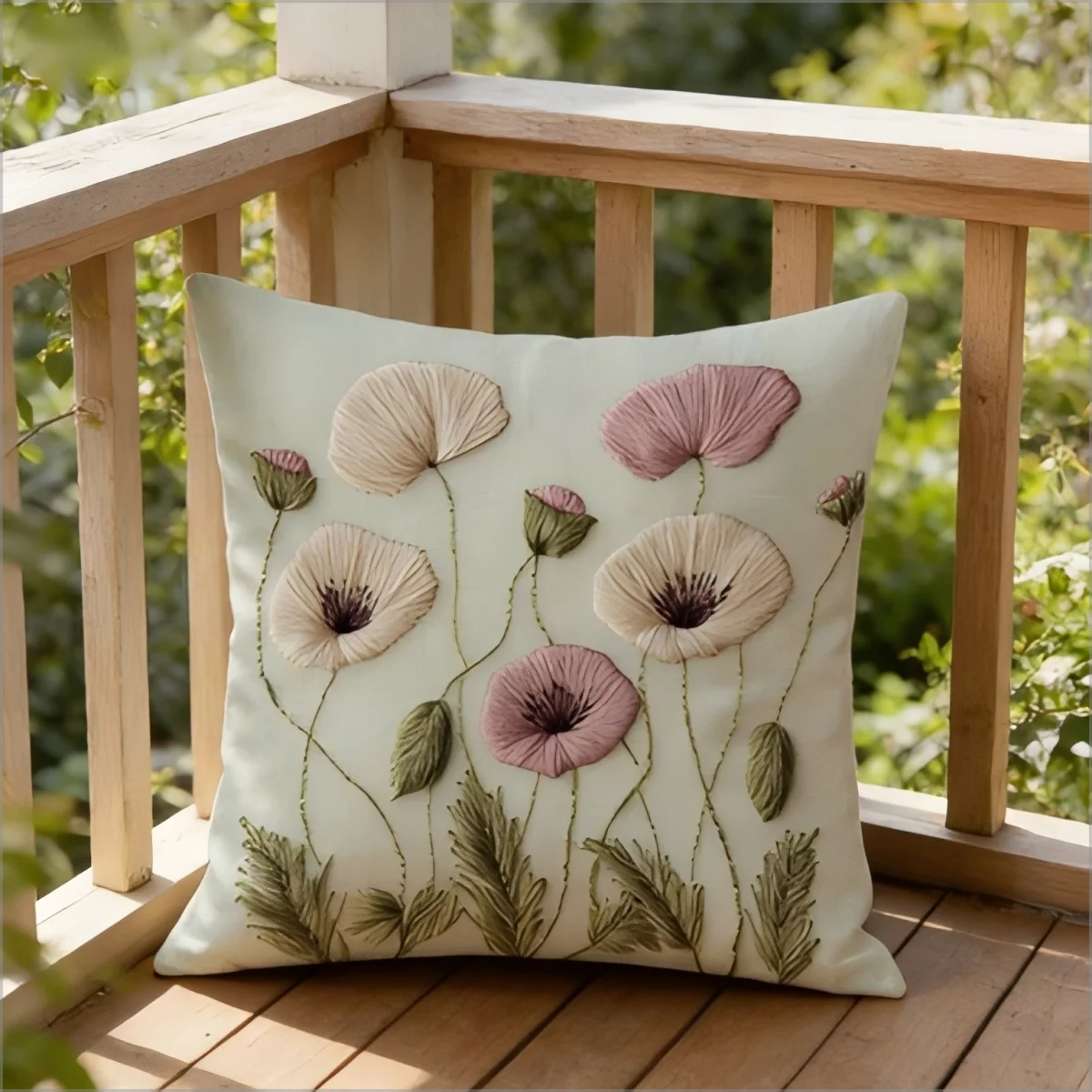 Vintage Mohnblumen-Kissenbezug mit Kunststickerei, Blumenmuster, Botanischer Kissenbezug, Boho Cottagecore Wohndekor, Geschenk für Blumenliebhaber