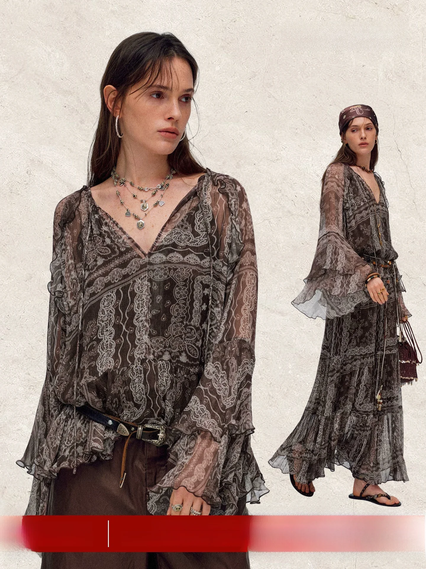 Blusa Feminina Vena Label com Decote em V Solto e Cinto, Estilo Casual, Estampa Floral, Chiffon, Primavera Verão, Conjunto Solto Estampado